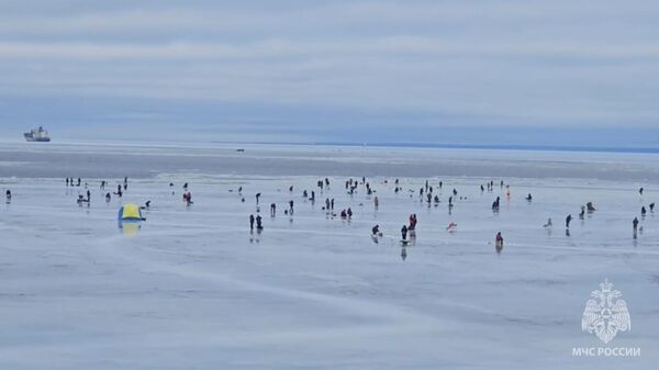 Рыбаки на льдине в акватории Финского залива. Кадр видео