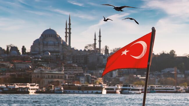 Турецкий флаг на фоне мечетей и минаретов Босфора в Стамбуле