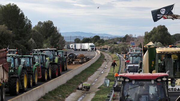 Испанские фермеры блокируют тракторами шоссе AP7, соединяющее Испанию с Францией