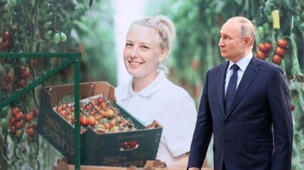 Президент РФ Владимир Путин во время посещения тепличного комплекса ООО Солнечный дар в Ставрополе. 5 марта 2024