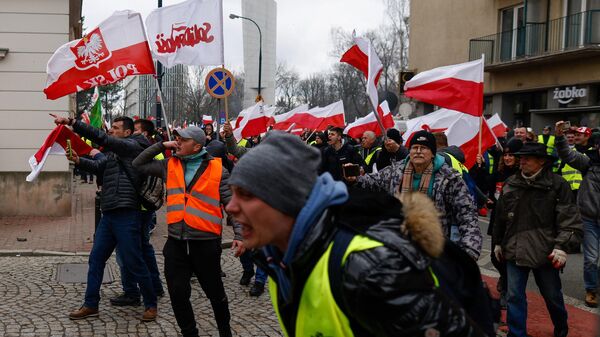 Польские фермеры на демонстрации против климатических мер ЕС и украинского импорта в Варшаве. 6 марта 2024