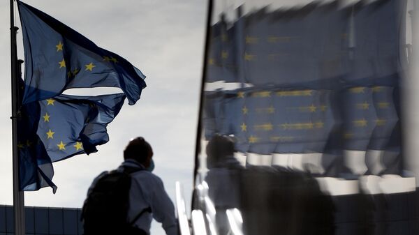 Мужчина проходит мимо флагов Европейского союза в Брюсселе. Архивное фото
