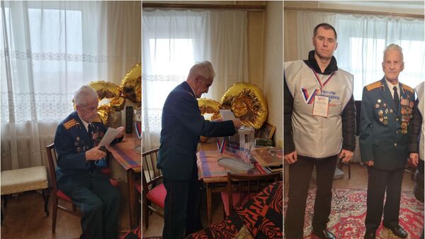 99-летний участник Великой Отечественной войны Борис Шапошников во время голосования на выборах президента России