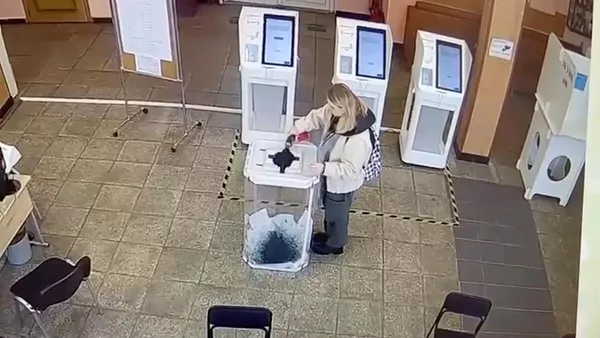 Кадр видео с избирательного участка в Москве, где девушка вылила красящее вещество в урну с бюллетенями