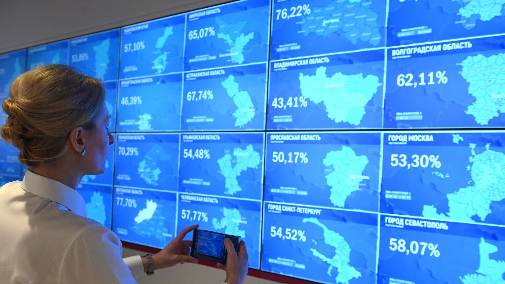 Экраны в Информационном центре Центральной избирательной комиссии РФ с информацией о ходе голосования на выборах президента РФ - РИА Новости, 1920, 18.03.2024