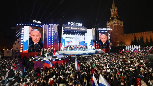 Президент РФ Владимир Путин на митинг-концерте на Красной площади в Москве, посвященном десятилетию воссоединения Крыма с Россией. 18 марта 2024