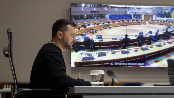 Президент Украины Владимир Зеленский выступает на заседании Европейского совета в режиме видеокоференции. 21 марта 2024