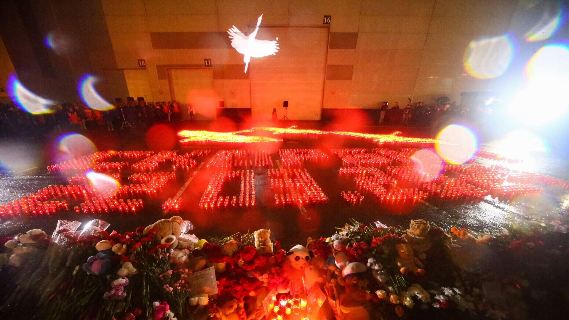Проекция Летят журавли на здании Crocus City Hall в память о жертвах теракта - РИА Новости, 1920, 24.03.2024