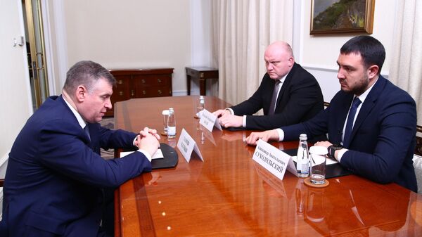 Руководитель фракции ЛДПР Леонид Слуцкий во время встречи с Александром Суходольским и Василием Боля