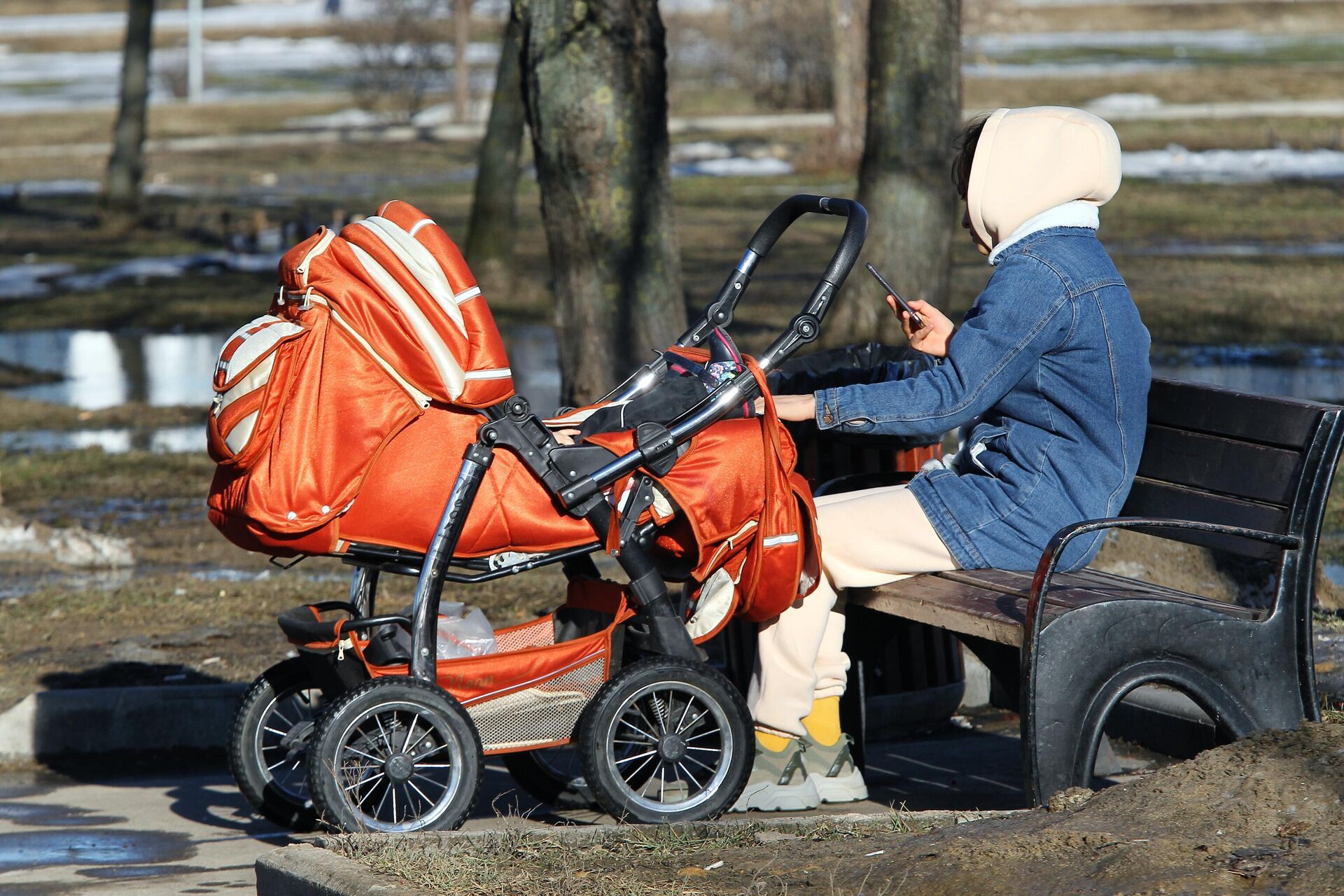 Женщина с коляской в парке Братеевская набережная в Москве - РИА Новости, 1920, 23.12.2022