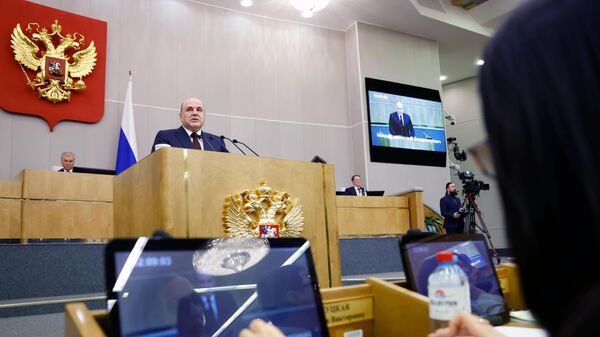 Председатель правительства РФ Михаил Мишустин выступает с ежегодным отчетом правительства РФ в Государственной Думе РФ