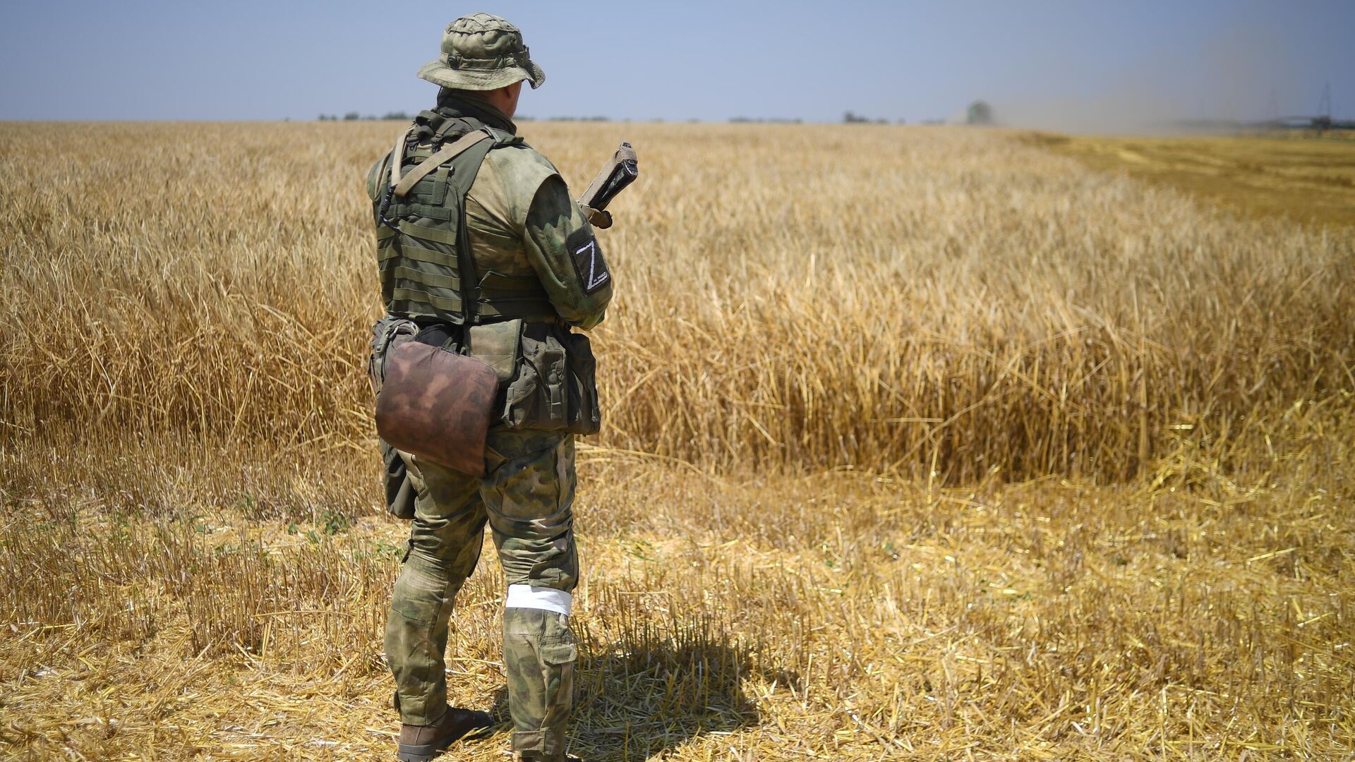 Военнослужащий ВС РФ во время сбора урожая пшеницы в Мелитопольском районе Запорожской области - РИА Новости, 1920, 26.07.2024