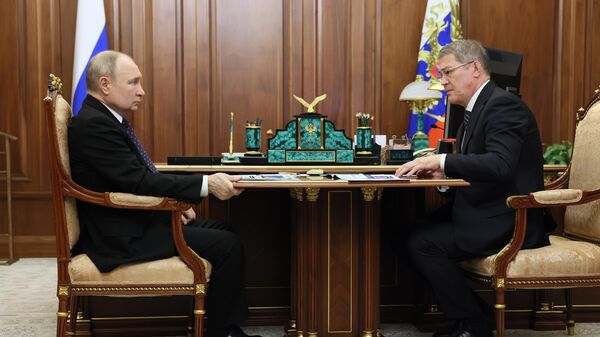Президент РФ Владимир Путин и глава Республики Башкортостан Радий Хабиров во время встречи