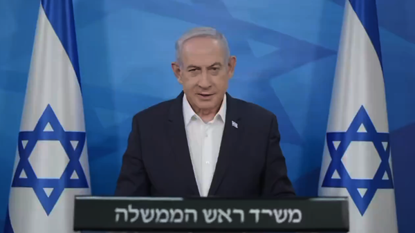 Премьер-министр Израиля Биньямин Нетаньяху выступает с обращением после воздушной атаки Ирана. 14 апреля 2024