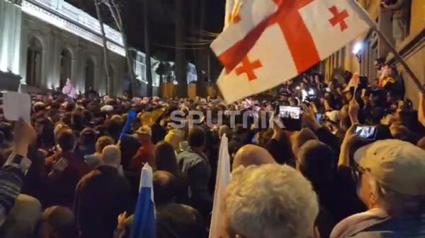 Протестующие пытаются прорваться через кордоны полиции на митинге в Тбилиси