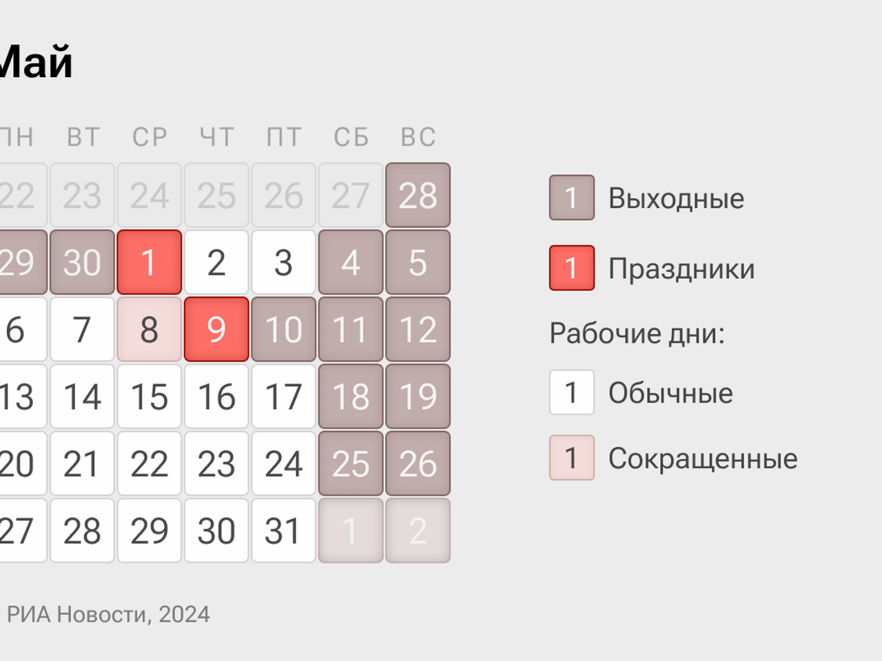 Как отдыхаем на майские праздники 2024 - календарь выходных дней