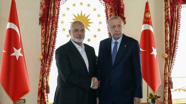 Президент Турции Реджеп Тайип Эрдоган с главой политбюро палестинского движения ХАМАС Исмаилом Ханией