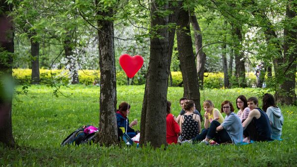 Горожане отдыхают в яблоневом саду в московском музее-заповеднике Коломенское