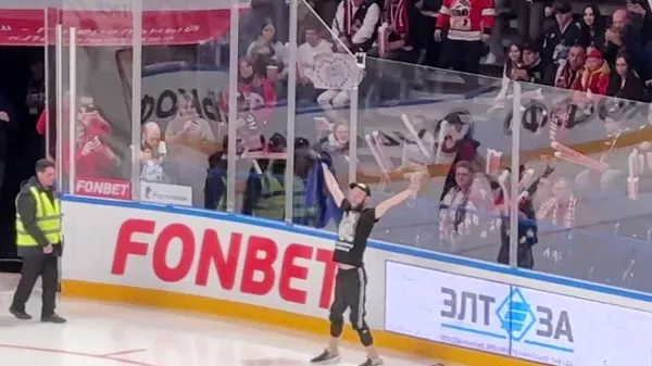 Болельщик выбежал на лед во время матча финальной серии КХЛ Локомотив - Металлург. Кадр видео