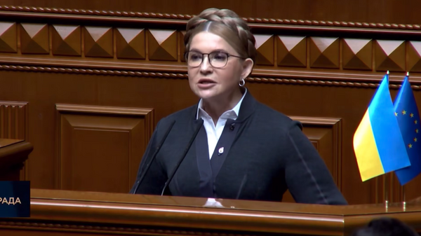 Глава партии Батькивщина Юлия Тимошенко во время выступления в Верховной раде Украины. 25 апреля 2024 года