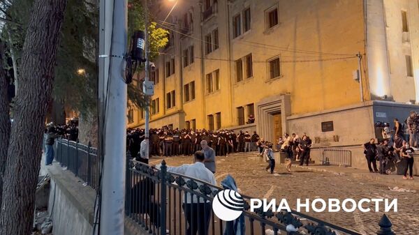 Силовики за зданием парламента во время митинга против закона об иноагентах в Тбилиси