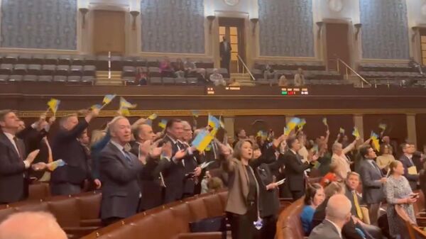 Члены Демократической партии с флагами Украины в Палате представителей Конгресса США. Кадр видео