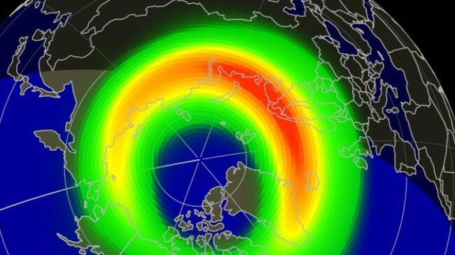 Текущая конфигурация полярного аврорального овала над территорией России. Модель NOAA