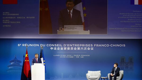Лидер КНР Си Цзиньпин и президент Франции Эммануэль Макрон на заседании Франко-китайского делового совета в Париже