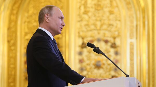Избранный президент РФ Владимир Путин во время церемонии инаугурации в Кремле. 2018 год