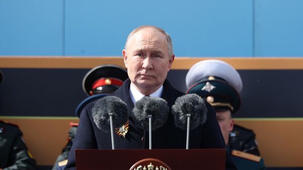 Президент РФ Владимир Путин выступает на параде в Москве, посвященном 79-й годовщине Победы в Великой Отечественной войне