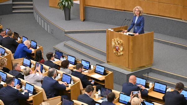 Заместитель председателя правительства РФ Татьяна Голикова выступает на пленарном заседании Государственной Думы РФ. 13 мая 2024