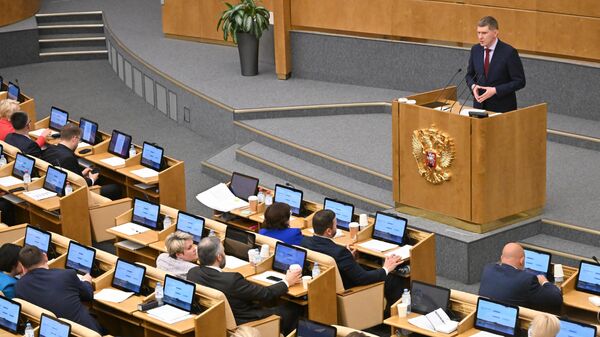 Максим Решетников выступает на пленарном заседании Госдумы РФ. 14 мая 2024