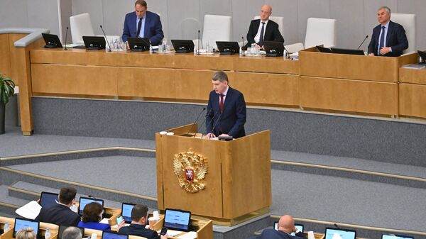 Максим Решетников выступает на пленарном заседании Госдумы РФ. 14 мая 2024