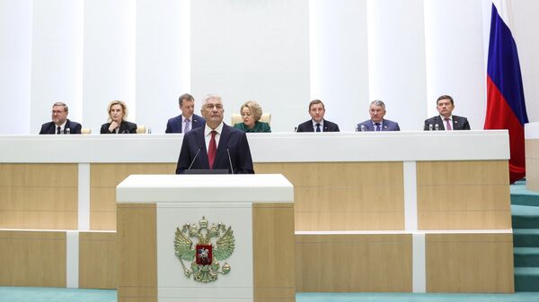 Владимир Колокольцев выступает на пленарном заседании в Совете Федерации РФ. 14 мая 2024