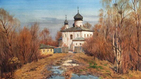 Картина Весна под Великим Новгородом. Клопский Монастырь