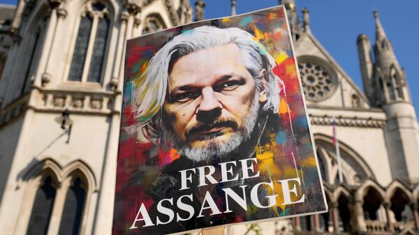Протестующие держат плакат с портретом Джулиана Ассанжа возле Высокого суда в Лондоне