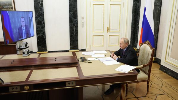 Президент РФ Владимир Путин проводит встречу в режиме видеоконференции с губернатором Курганской области Вадимом Шумковым. 22 мая 2024