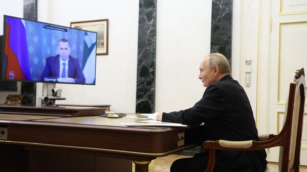 Президент РФ Владимир Путин проводит встречу в режиме видеоконференции с губернатором Курганской области Вадимом Шумковым. 22 мая 2024