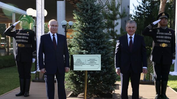 резидент РФ Владимир Путин и президент Узбекистана Шавкат Мирзиеев посадили хвойную ель в Аллее почетных гостей в Ташкенте