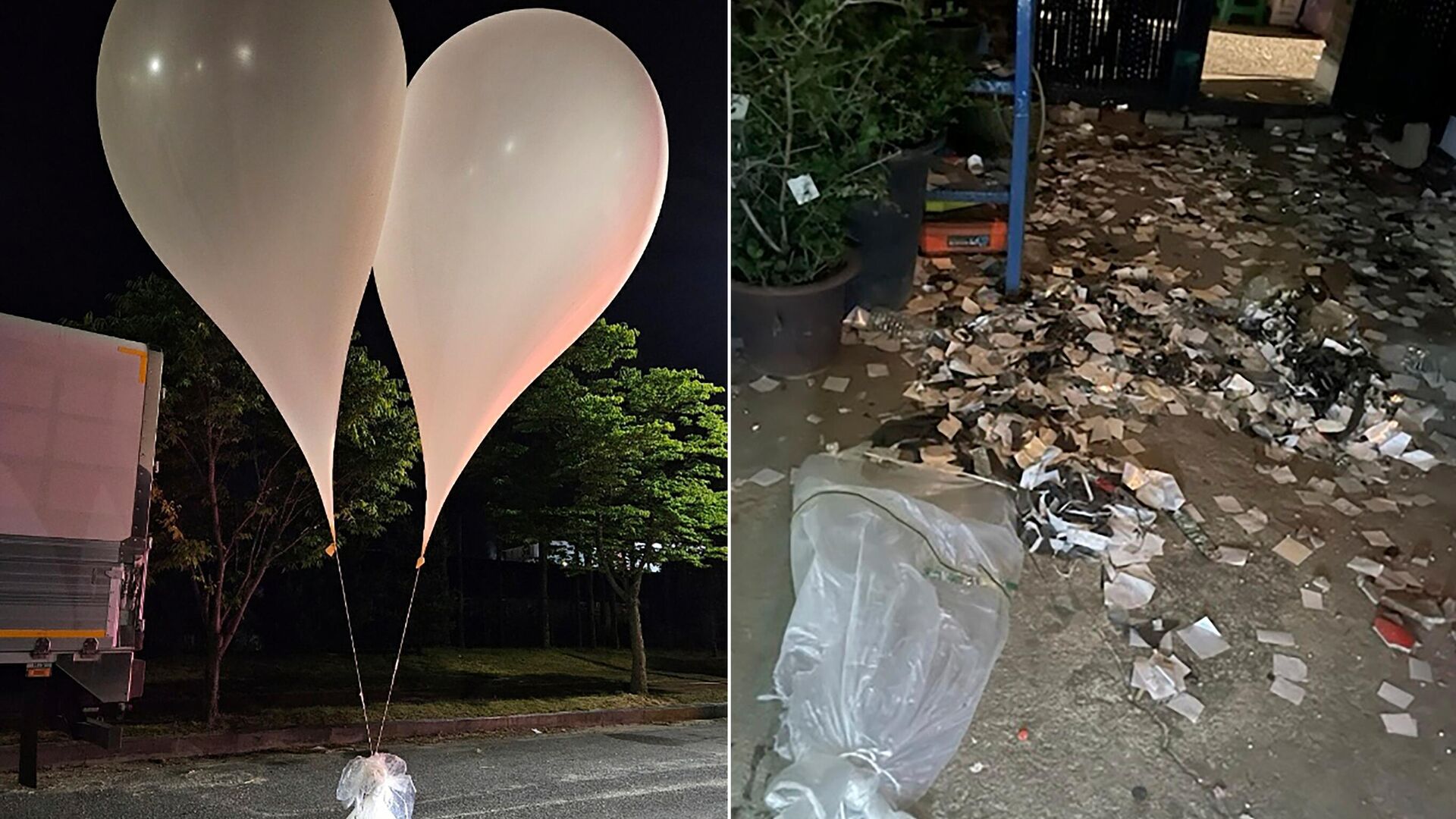Мешки с мусором на воздушных шарах, предположительно отправленные Северной Кореей, в Сеуле. 29 мая 2024 - РИА Новости, 1920, 29.05.2024