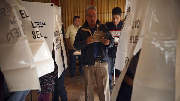 Мужчина голосует во время всеобщих выборов в Сочимилько, Мехико