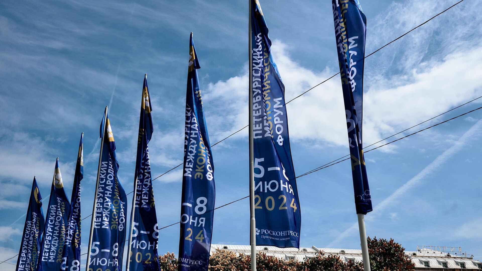 Флаги с символикой Петербургского международного экономического форума на Исаакиевской площади в Санкт-Петербурге - РИА Новости, 1920, 04.06.2024