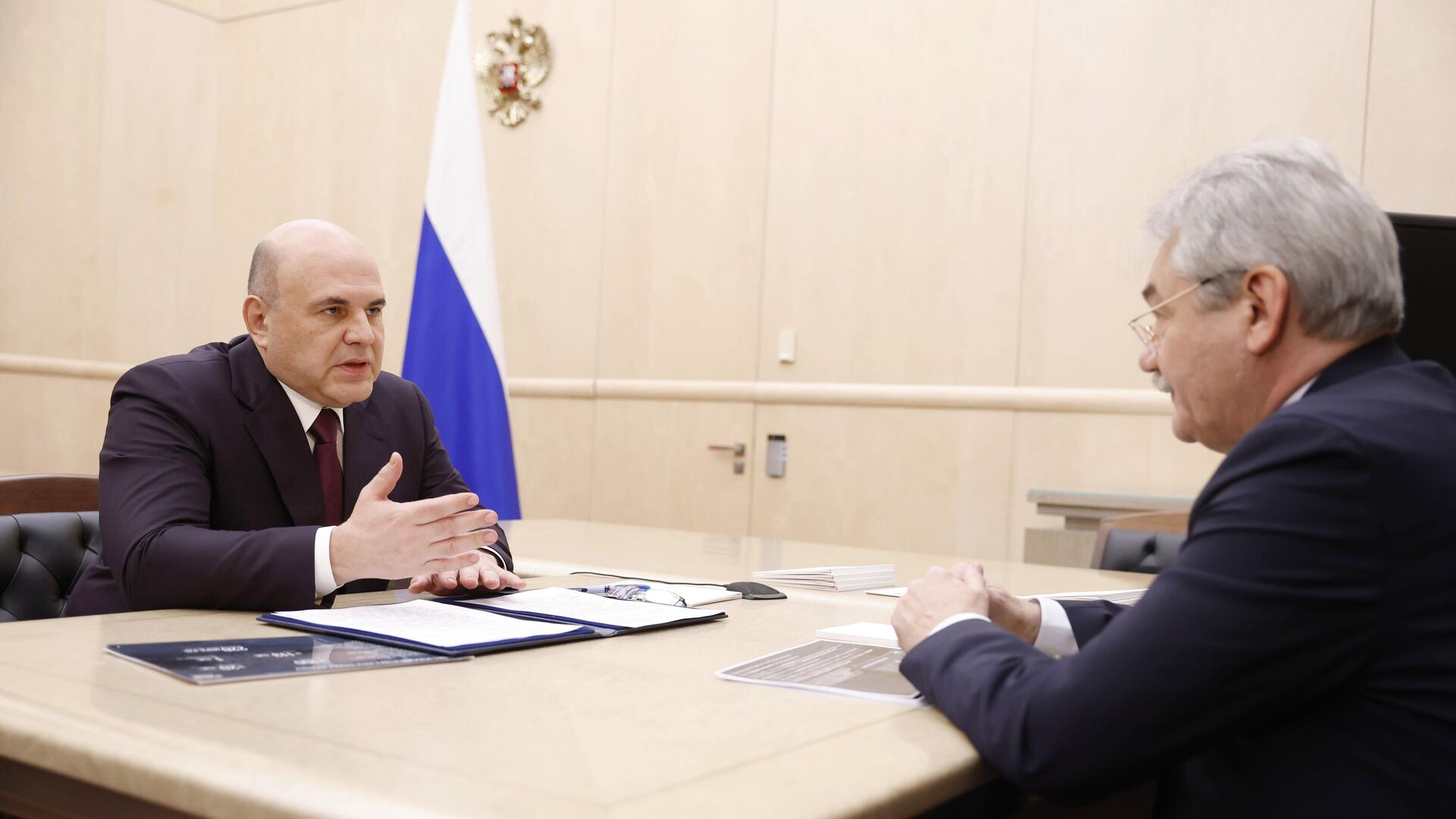 Председатель правительства РФ Михаил Мишустин и генеральный директор Российского научного фонда Владимир Беспалов во время встречи. 6 июня 2024 - РИА Новости, 1920, 06.06.2024