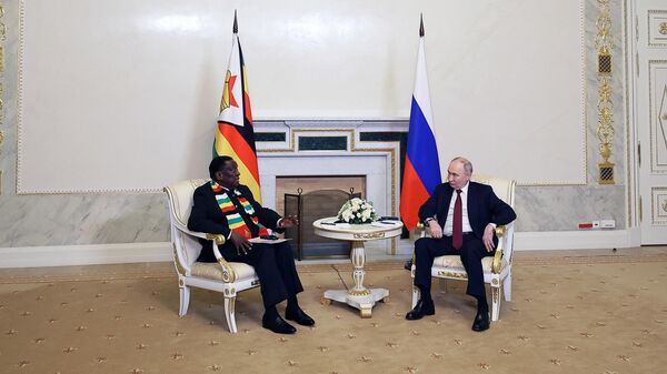 Президент РФ Владимир Путин и президент Республики Зимбабве Эммерсон Мнангагва во время встречи в рамках XXVII Петербургского международного экономического форума