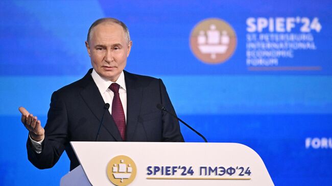 Президент России Владимир Путин выступает на пленарном заседании Петербургского международного экономического форума