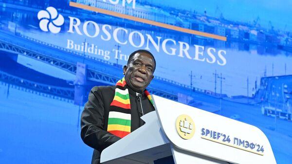 Президент Зимбабве Эммерсон Мнангагва выступает на пленарном заседании Петербургского международного экономического форума. 7 июня 2024