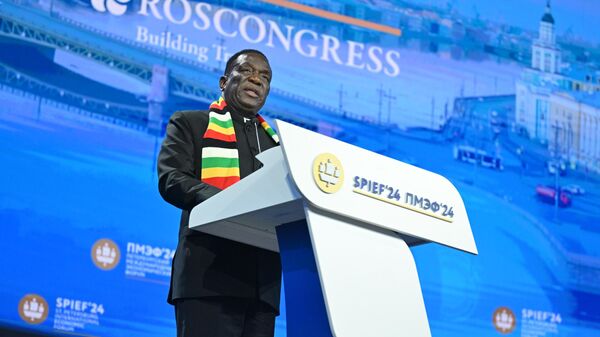 Президент Зимбабве Эммерсон Мнангагва выступает на пленарном заседании Петербургского международного экономического форума. 7 июня 2024