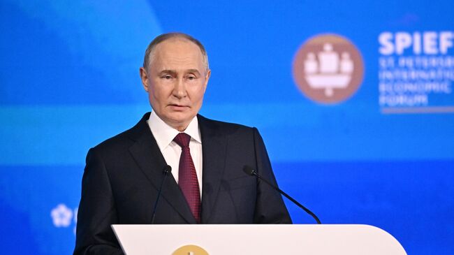 Президент России Владимир Путин выступает на пленарном заседании Петербургского международного экономического форума