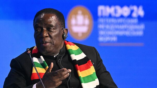 Президент Зимбабве Эммерсон Мнангагва выступает на ПМЭФ-2024