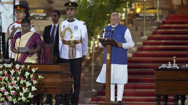 Нарендра Моди во время принесения присяги в качестве нового премьера Индии